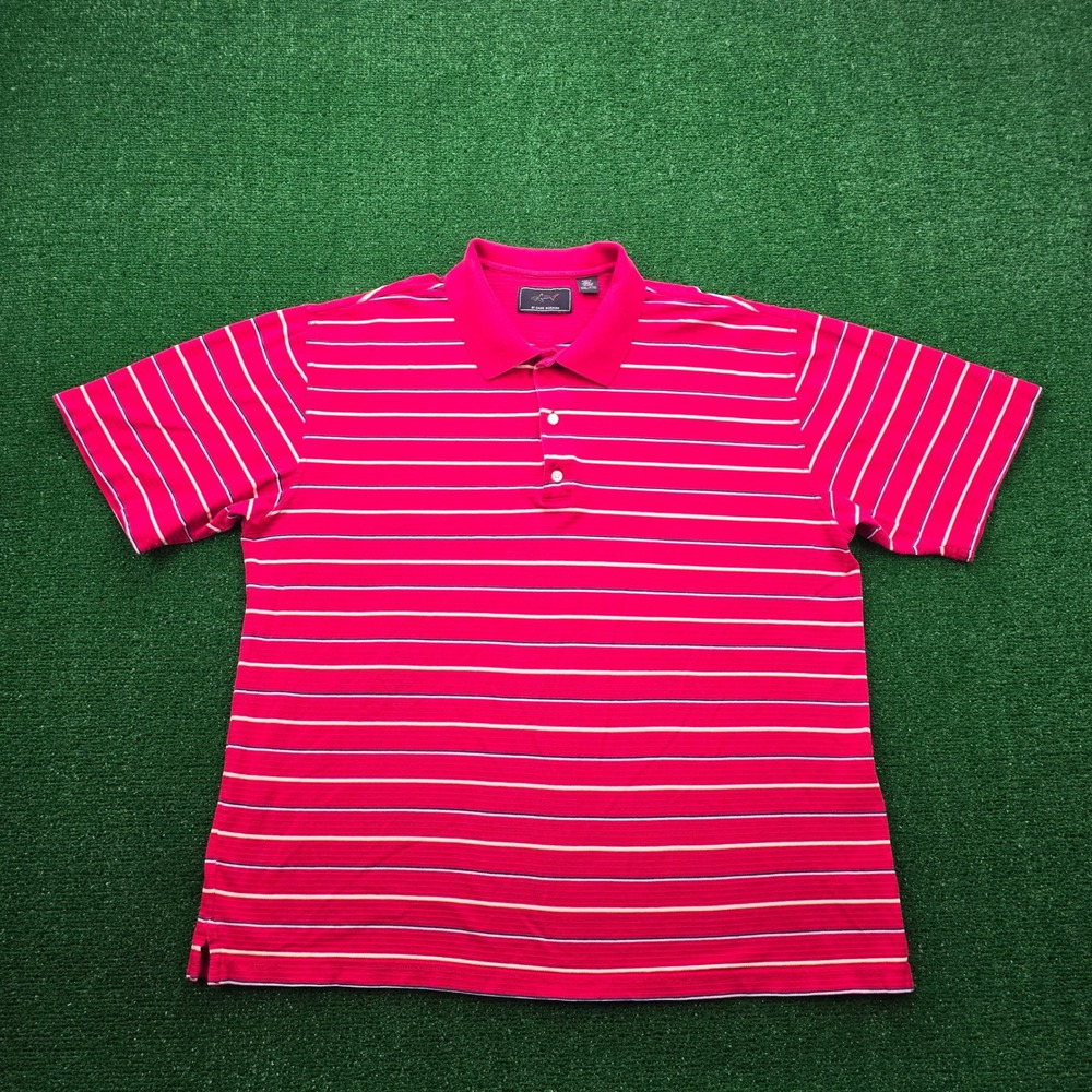 Greg Norman Polo Shirt Mens XXL Red Striped Vintage Golf Shark Logo Casual